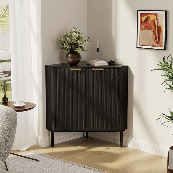Modern Fluted Corner Cabinet, Wooden Small Floor Storage Cabinet with Adjustable Shelf & Metal Legs, Freestanding Narrow Organizer for Living Room Kitchen, Black