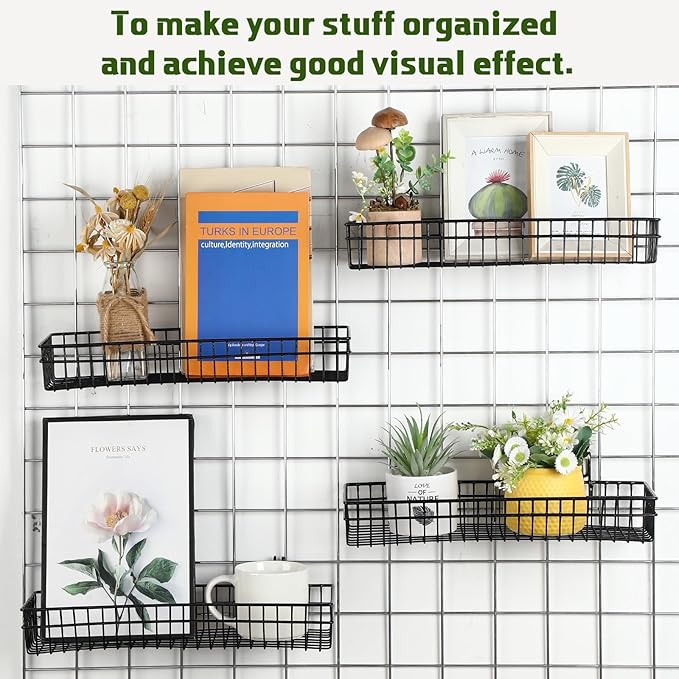 Blulu 4 Pcs 15.75 x 5.91 x 1.97 Inch Metal Grid Wall Baskets with Hooks Grid Wall Shelves Hanging Wire Basket Multi Function Storage Organizer for Kitchen Organizing Display (Black)