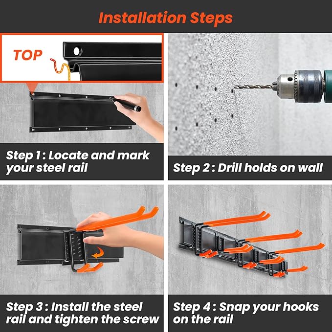 ELECROW Garage Storage Organizer, Wall Mount Rack with 6 Adjustable Hooks, 48 Inches Adjustable Garden Tool Organization, Heavy Duty for Garden and Yard Tool Storage