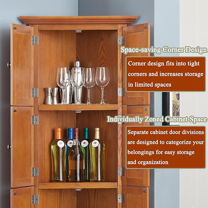 72" H Farmhouse Corner Storage Cabinet with 8 Doors & 4 Shelves, 4 Tier Kitchen Corner Pantry Cabinet Wooden Organizer Case Bookshelf, Home Space Saver Cabinet for Kitchen,Living Room (Oak)