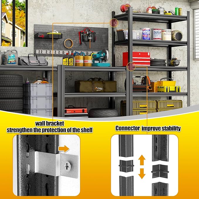 Storage Shelves, Garage Metal Shelving Unit, Adjustable, Double-Layer Column with Reinforced Ribs, Heavy-Duty, Capable of Bearing 600-3600 lbs (Black, 24 * 14 * 47, 4-Tier)