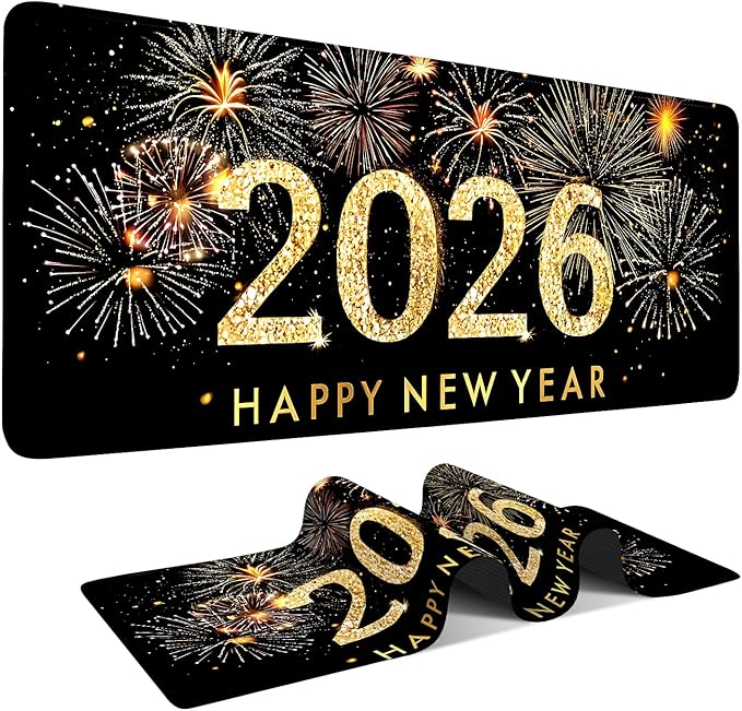 2026 Happy New Year Gaming Mouse Pad 31.5"x11.8"Desk Mat Anti-Slip Rubber Base & Durable Stitched Edges for Gamers Smooth Mouse Writing Surface for Desk Office/Home