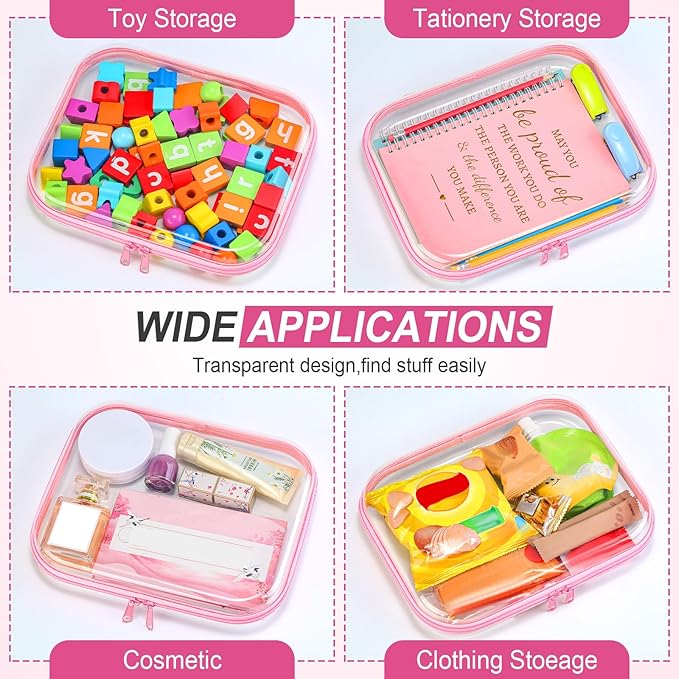 Sanwuta 6 Pcs Clear Hard Zipper Case Hard Plastic Zipper Pouches Transparent Makeup Bag Pencil Pouches for Travel Snacks Christmas Trinket Storage Organizer Box(Pink,9.84 x 7.87 x 2 Inch)
