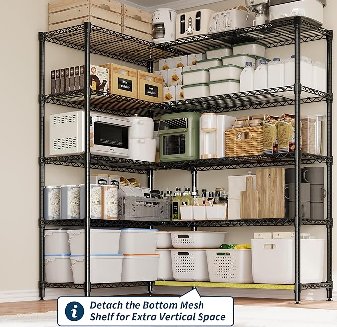 5 Tier Storage Shelving Unit Metal Shelves 70" W Wire Shelving, 70" H L-Shaped Pantry Shelves Kitchen Storage Shelves for Home Commercial Garage Heavy Duty, 70.8" H x 70.4" W x 15.7" D