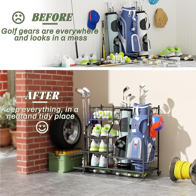 Golf Organizer for Garage, 3 Bag Golf Bag Holder Stand with Shelves & Club Rack, Multi-Functional Adjustable Golf Equipment Storage System