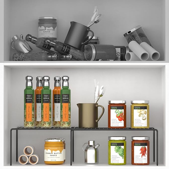 Redrubbit Expandable Metal Rustproof Kitchen Counter Shelf Rack, Space Saver for Kitchen, Fridge, Bathroom, Black, Set of 6