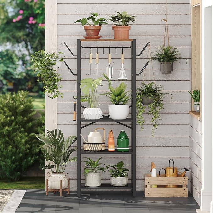 4-Tier Pot Rack, Pots and Pans Organizerand for Kitchen, Lid Organizer Rack with U-Shaped Lid Holders, Kitchen Storage Shelf for Standing Cookware, Rustic Brown and Black POHR3001