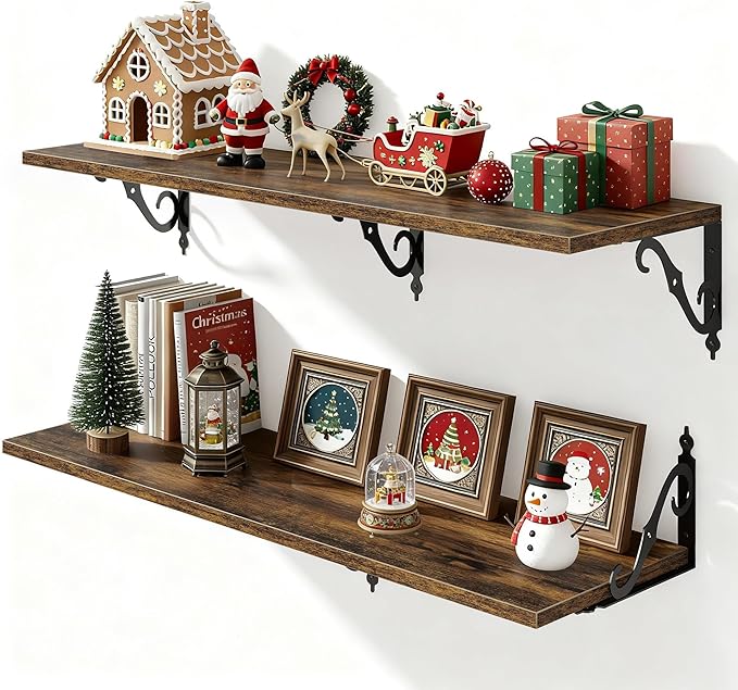 Fun Memories 40 Inch Floating Shelves Wall Mounted, 12 Inch Deep Wall Shelves with Bracket, Rustic Hanging Bookshelf, 40" Bookshelves for for Living Room, Kitchen and Bedroom, Rustic Brown, Set of 2