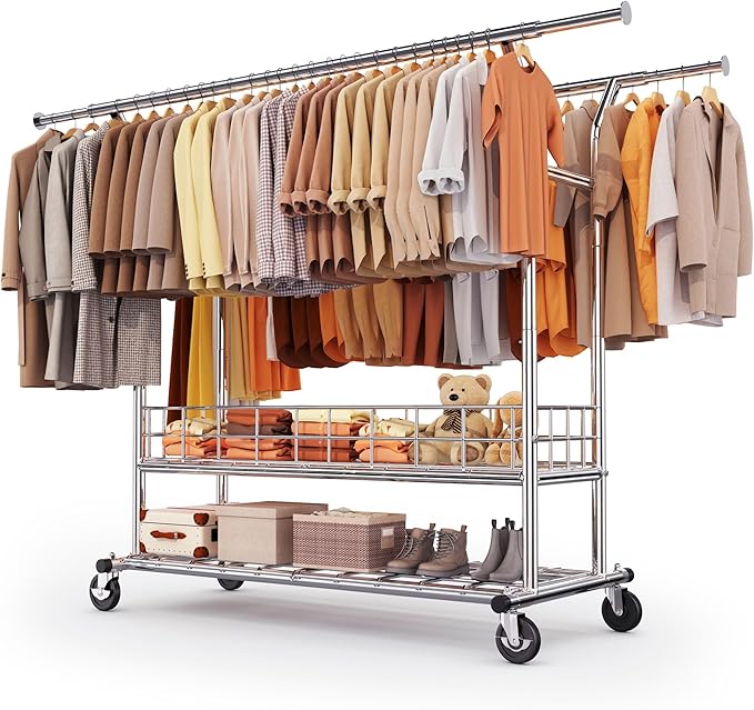 HOKEEPER Heavy Duty Clothes Rack Load 625 LBS, Clothing Rack for Hanging Clothes Adjustable Rolling Garment Rack with Wheels for Bedroom, Living Room (Double Rod with Metal Basket)