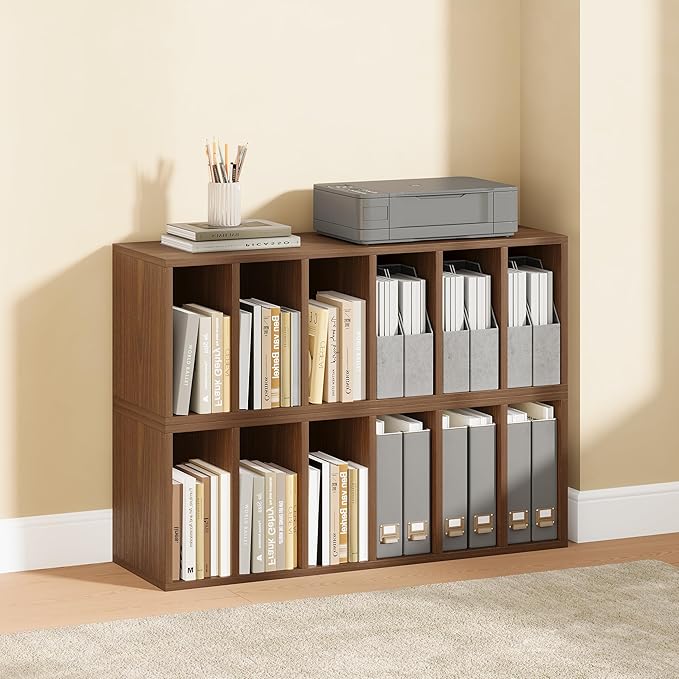 IOTXY DIY Modular Cube Bookcase - CubeXY Customizable Stackable Expandable Basic Shelving Units, 6-Cube Wooden Open Bookshelf with Removable Shelves for Books Organizer, Walnut