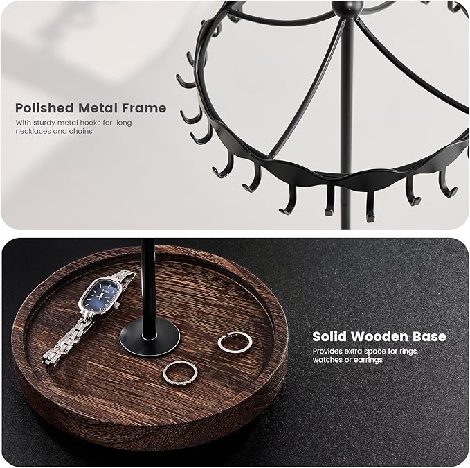 Lolalet Rotating Necklace Holder Stand with Metal Hooks, Spinning Display Carousels, Freestanding Organizer Hanger, for Long Necklaces Chains -Black