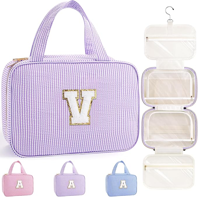 TOPEAST Travel Toiletry Bag for Women - Hanging Toiletry Bag Makeup Bag, Portable Toiletries Cosmetic Bag, Airplane Travel Essentials - Letter V, Purple
