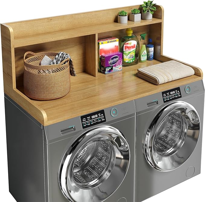 2-Tier Washer Dryer Countertop, 18.5" Raised Height Laundry Countertop with Edge Rails and Non-Slip Pad, 54"W x 27.55"D Washer and Dryer Topper for Laundry Room Storage Organization (Pure Wood Color)