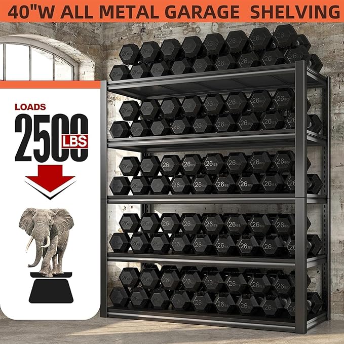 REIBII Garage Shelving Heavy Duty 2500LBS Storage Shelves 40" W Garage Shelves Heavy Duty Shelving Metal Shelves for Warehouse, Basement, Pantry, 40" W x 17.7" D x 72.2" H, 2Pack