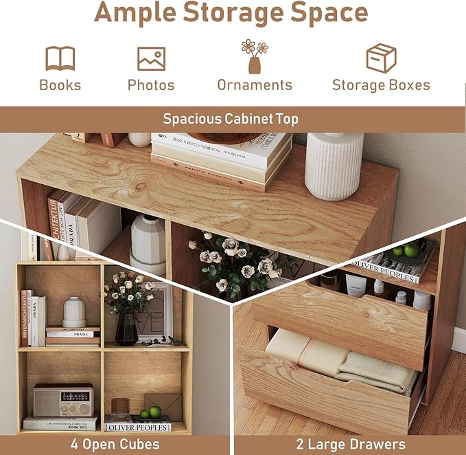 Giantex Bookshelf with 4 Cubes & 2 Drawers, 51” Tall Floor Bookcase with Anti-tip Kits, Freestanding Display Rack Storage Organizer for Study, Living Room, Home Office (1, Natural)