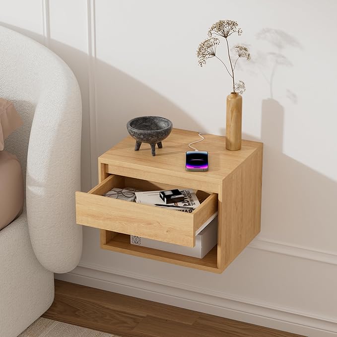 Mid Century Modern Floating Nightstand Set of 4, Wall Mounted End Table with Drawer and Open Compartment Wooden Bedside Night Stand Small Storage Cabinet for Bedroom, Natural Oak