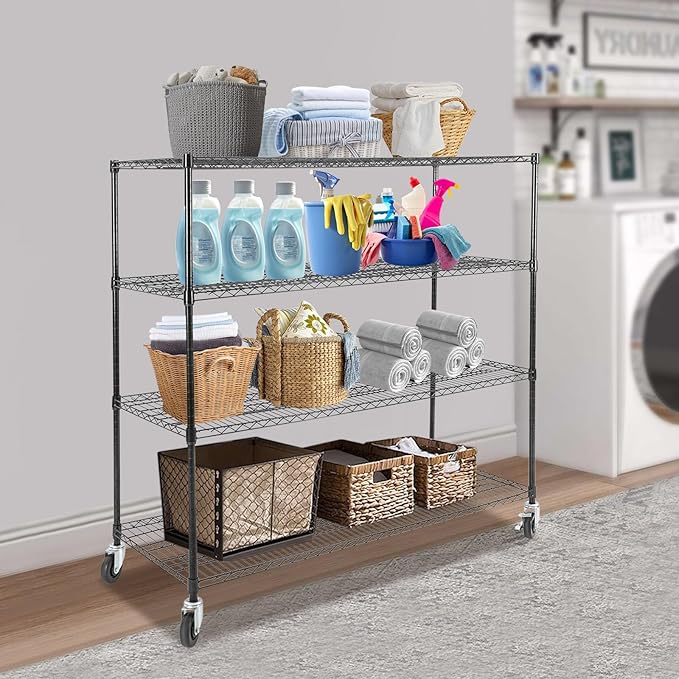 4-Tier Storage Shelving Unit with Wheels, Adjustable Heavy Duty Steel Wire Rack Organizer (24" D x 60" W x 54" H, 480 lbs Capacity) for Garage, Kitchen