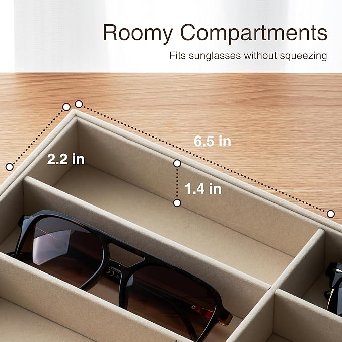 pickpiff Drawer Sunglass Organizer & Display Tray: 1 Pcs 8 Grids Velvet Scratch-Free Eyeglasses Case (13.8x9.4x1.6inch) - Soft Beige Glasses Storage Holder Box for Men & Women