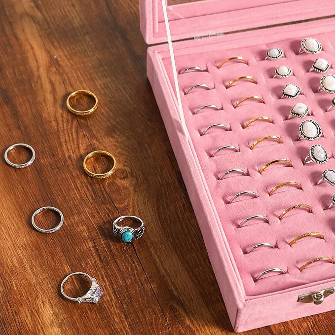 Frebeauty Ring Organizer Tray 100 Slots Ring Holder with Clear Lid Velvet Storage Box Jewelry Tray for Jewelry Store Earring Display Case for Jewelry Show Studs Box for Women(Pink)