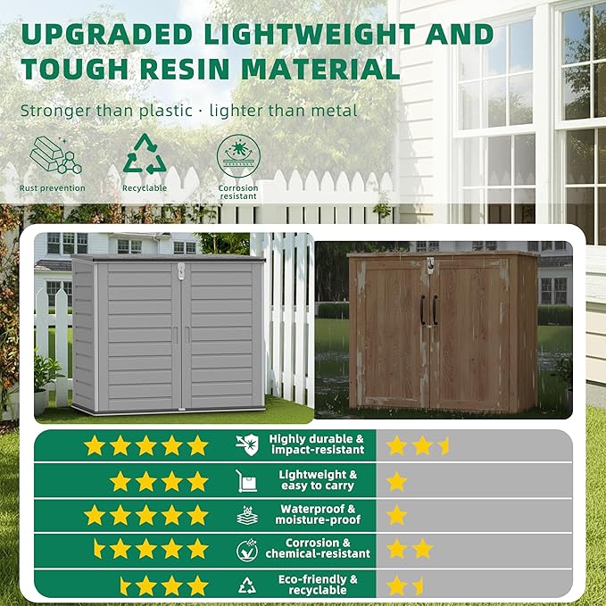 Horizontal Outdoor Storage Shed, 304 Gallon Resin Storage Shed with Lockable Doors & Lift Lid, Waterproof Backyard Shed for Trash Cans, Tools & Patio Equipment (Upgraded Version)