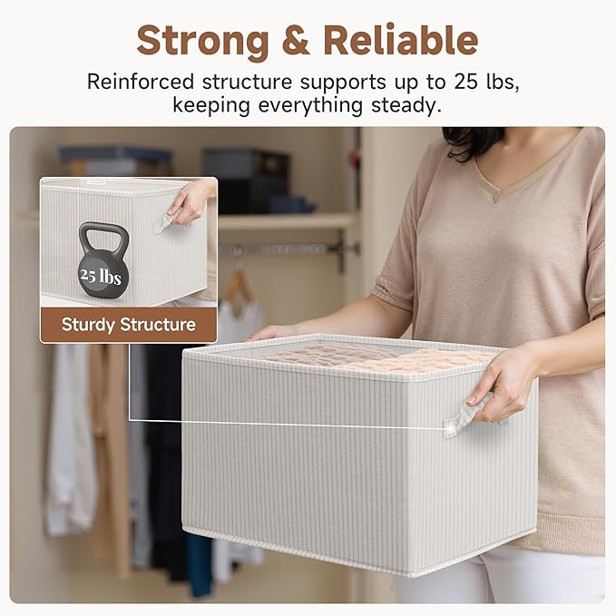 StorageWorks Storage Baskets for Shelves, Foldable Fabric Closet Storage Bins with Handles, Fabric Storage Bins Clothes Organizer, Beige Stripes, 3-Pack, Extra Large