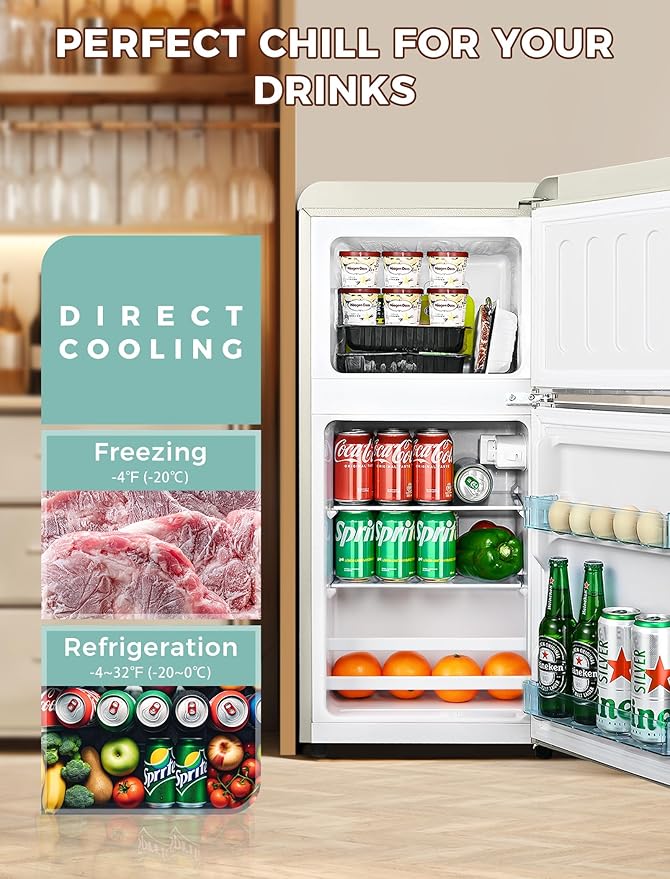 Fridge with Freezer, 3.2 Cu.Ft Retro Double Door Refrigerator with 7 Level Thermostat, Adjustable Removable Glass Shelves for Bedroom Office Apartment Dorm Bar, White