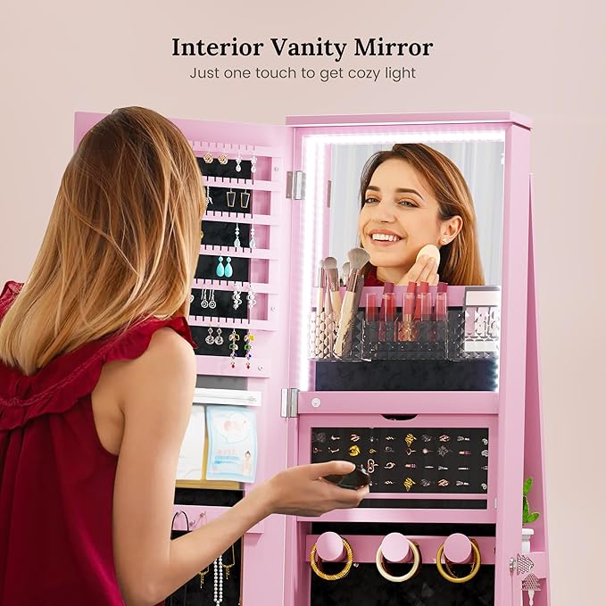 LVSOMT LED Mirror Jewelry Cabinet Standing, 360°Swivel Jewelry Armoire with Full Length Mirror, Mirror with Jewelry Storage and Large Wooden Drawer for Christmas Gifts (Pink)