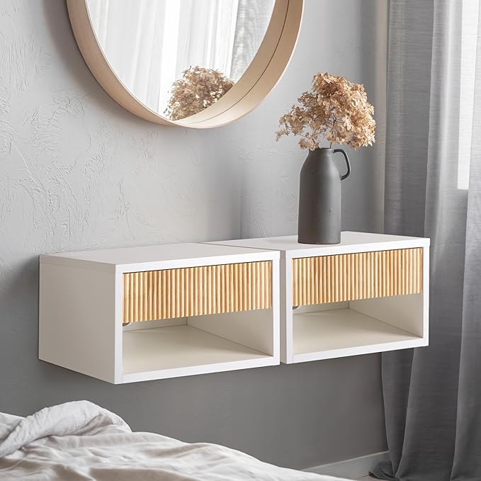 JONATHAN Y NST2001B Elise 15.71" Classic Contemporary Floating Wall Mounted Nightstand with Soft-Close Tambour Drawer and Cable Hole, White/Light Oak