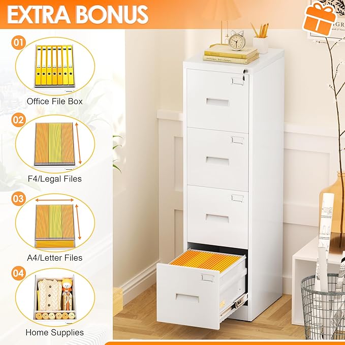 INTERGREAT 4 Drawers File Cabinet with Lock, 18" D Vertical Filing Cabinet for Home Office, Metal White File Cabinet for Hanging Letter/F4/A4/Legal Folders, Easy Assemble