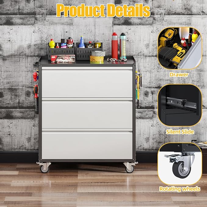 Aobabo Metal Garage Storage Cabinets with Wheels, Steel Cabinet with Drawer, 3 Drawers Rolling Tools Chest with Hooks for Garage, Warehouse, Home, Assembly Required, Black Silver