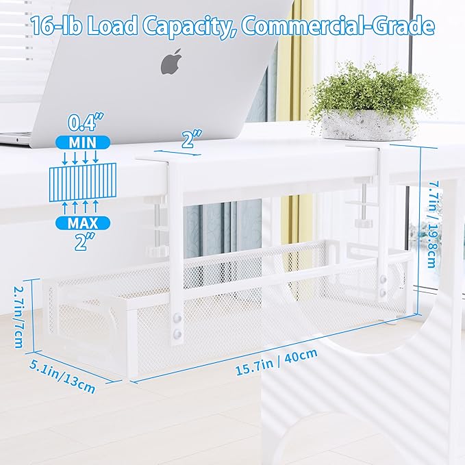No Drill Under Desk Cable Management Tray, SONATURE 15.7" Cord Organizer for Table, Clamp Mount Desk Cable Management, Premium Carbon Steel Cable Organizer for Office, Home (White)
