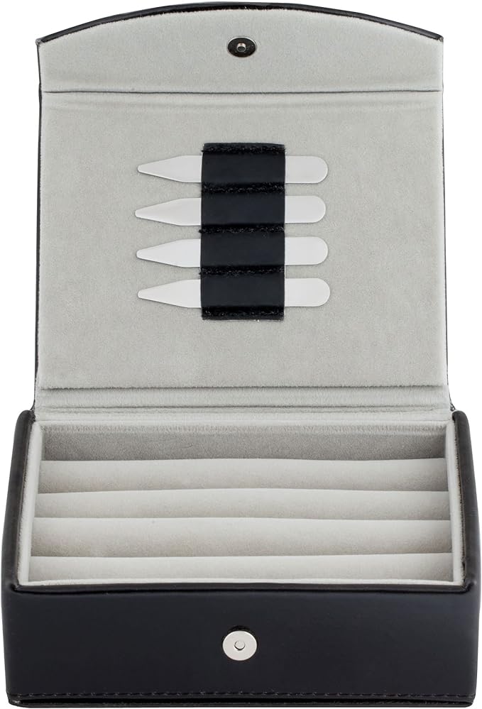 Mens Leather Travel Cufflinks Ring Storage Box Case Includes 2 Sets Metal Collar Stays - Holds 9 To 12 Pairs - ‎5.75 x 4.75 x 1.75 inches Holder Organizer