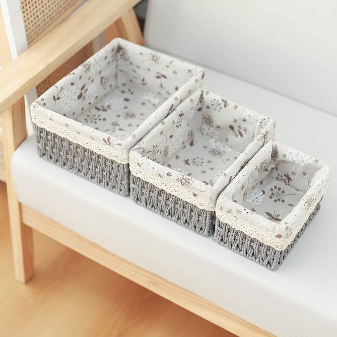 YRMT Macrame Storage Baskets Set of 3 Boho Decor Baskets for Organizing Decorative Paper Rope Woven Storage Basket with Liner Rectangular Empty Gift Basket Countertop Shelves Organizer