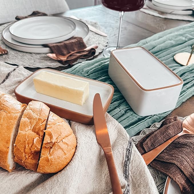 Mora Ceramic Two-in-One Butter Dish with Lid, Covered Butter Crock Container to Leave on Countertop - Large Storage Keeper/Holder for Kitchen, Gifts for Her, Butter Tray For Counter - Vanilla White