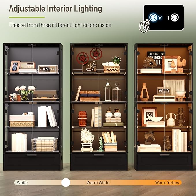 Display Cabinet with Glass Doors, 61" 4-Tier Glass Display Case with Drawer, 3 Color Lights, Auto-On Sensor, 4 Tempered Glass & 3-Tier Acrylic Shelves for Collectibles Showcase, Black