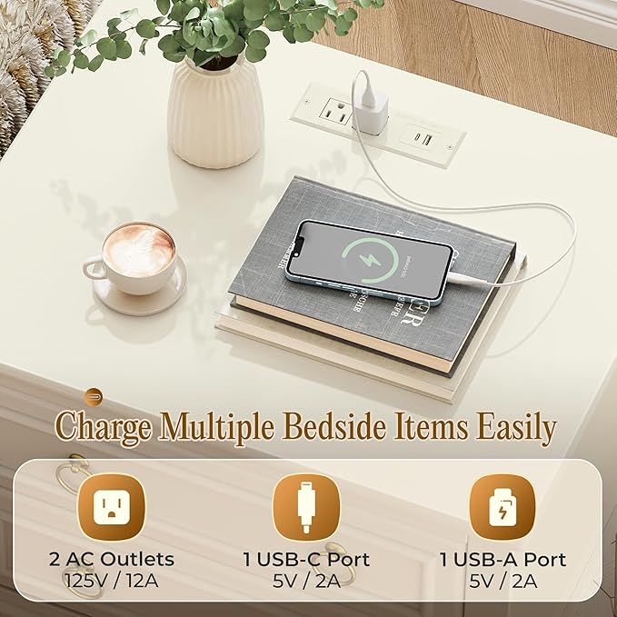 Huuger 27.6 Inch Tall Nightstand with Charging Station, USB-C Port, 2 Drawers Bedside Table, Larger Night Stand with 11.4 Inch Raised Legs, Painted Side Table End Table, for Bedroom, Milky White