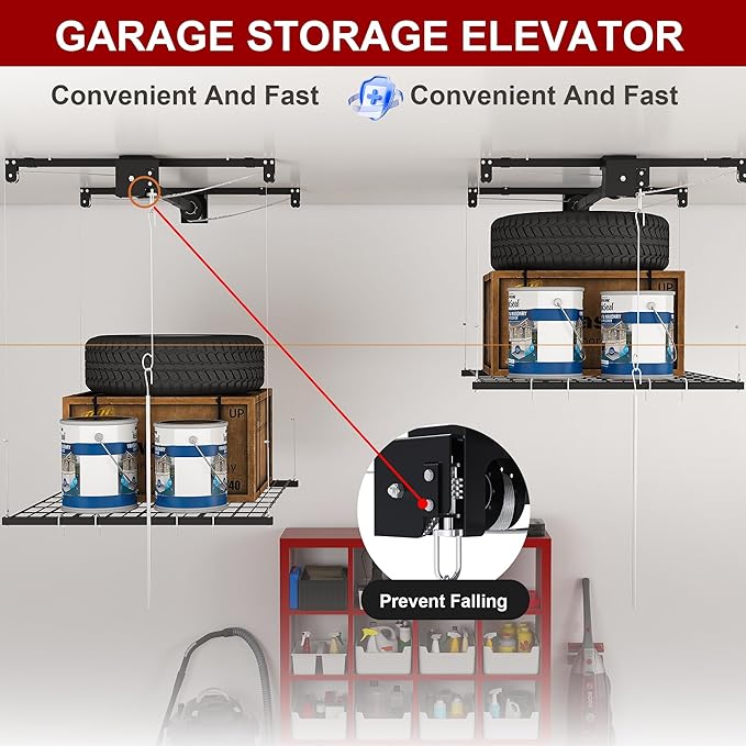 4x4FT Overhead Garage Storage Rack for High Ceilings 10-12 FT, Adjustable Garage Organization System, Heavy Duty Ceiling Storage Racks with Safety Lock,250LBS Capacity,Black