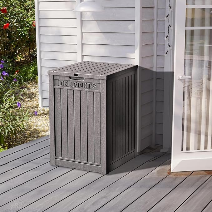 55 Gallon Resin Deck Box, Waterproof Outdoor Storage Box for Patio Furniture, Garden Tools, and Pool Accessories, Lockable UV-Resistant Storage Bin Bench Cabinet for Outside, Grey