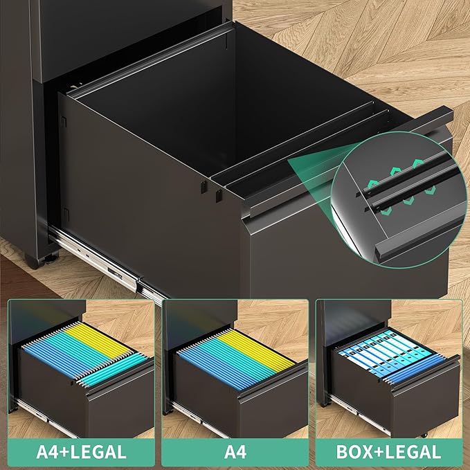 Bonusall 2 Drawer File Cabinet, Metal Rolling File Cabinets with Lock, Filing Cabinets for Home Office Fit A4/Letter/Legal, Easy Assembled, Black