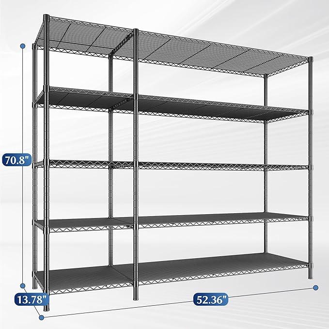 70.8H Wire Shelving Rack, 5Tier Metal Shelving Unit,1400LBS Heavy Duty Storage Shelves,Adjustable Pantry Shelves, Metal Shelf and Storage Rack,Industrial Shelving 52.36W x13.78Dx70.8H,Black