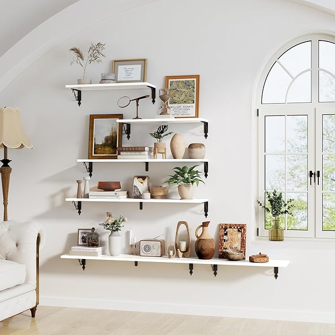 Fun Memories 40 Inch Floating Shelves Wall Mounted, 8 Inch Deep Wall Shelves with Bracket, Rustic Hanging Bookshelf, 40" Bookshelves for for Living Room, Kitchen and Bedroom, White, Set of 2