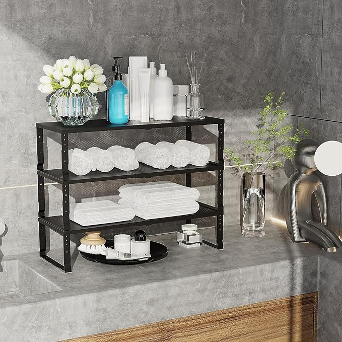 Expandable Cabinet Shelf Organizer Storage Spice Rack Shelves for Kitchen Stackable Adjustable Pantry Cupboard Bathroom Countertop Desktop(2Packs/Black/Large-with Hole)