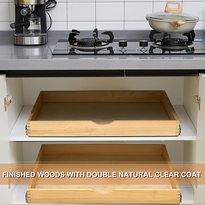 Menkxi 2 Set Pull out Tray Cabinet Organizer Wooden Pull Drawers storage Slide out Pantry Shelf for Base Cabinet Kitchen Gentle Close Fully Assembled Accessories (Wood Color,30'' X 21'' X 3")