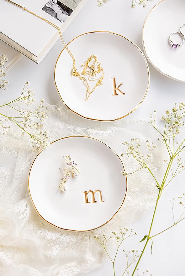 COLLECTIVE HOME - Ceramic Jewelry Tray, Decorative Trinket Dish for Rings Earrings Necklaces Bracelet Watch Keys, Birthday Mother's Day Christmas Gift for Women, 4.75", White Surface (L)