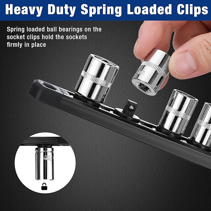 WORKPRO Magnetic Socket Organizer, 1/4-Inch Drive Aluminum Alloy Socket Rail, Heavy Duty Socket Holder, Socket Rack Kit 1/4-Inch x 12 Clips Black (Socket not Included)