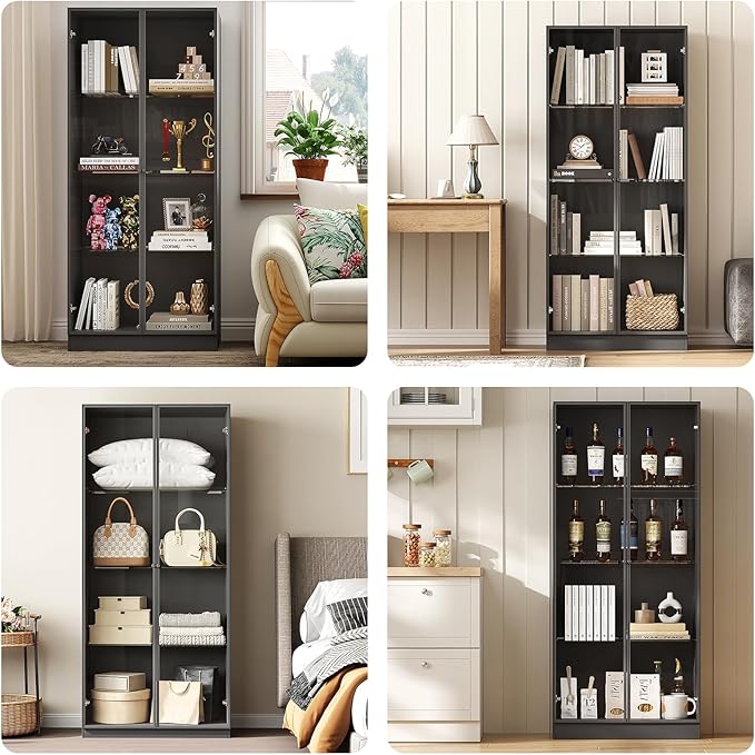 Display Cabinet with LED Lights, Display Case with 4-Tier Glass Shelves & 2 Glass Doors, Curio Cabinet for Collectibles, Living Room