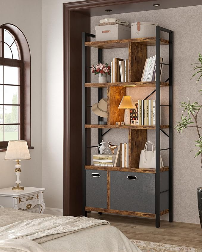Armocity Bookshelf with Drawers - 5 Tier Tall Bookcase Geometric Modern Book Shelf Display Standing Bookshelves with Storage for Living Room, Bedroom Home Office, Rustic Brown