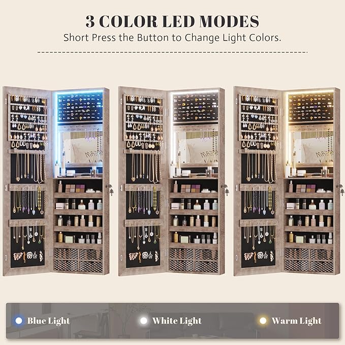 Vlsrka 47.2 Inch Full Length Mirror with Storage, Wall Mount Mirror Jewelry Cabinet, Over The Door Hanging Jewelry Armoire Organizer, Built-in Light, 4 Drawers, 5 Shelves, Lockable (Wood)