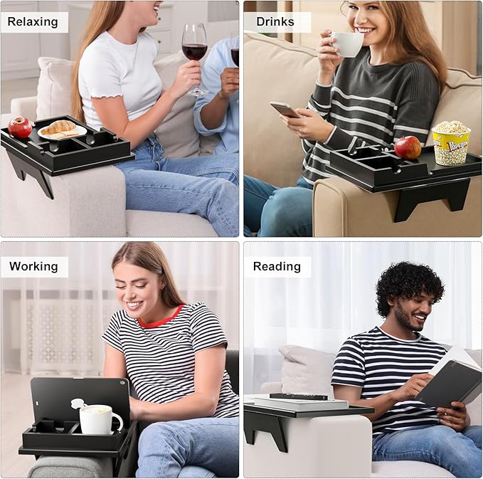 Black Couch Cup Holder Tray - 2 in 1 Couch Armrest Table with Be Slide-Away Detachable Double Holder - Foldable Sofa Armchair Caddy for Drinking Snacks iPad TV Remote
