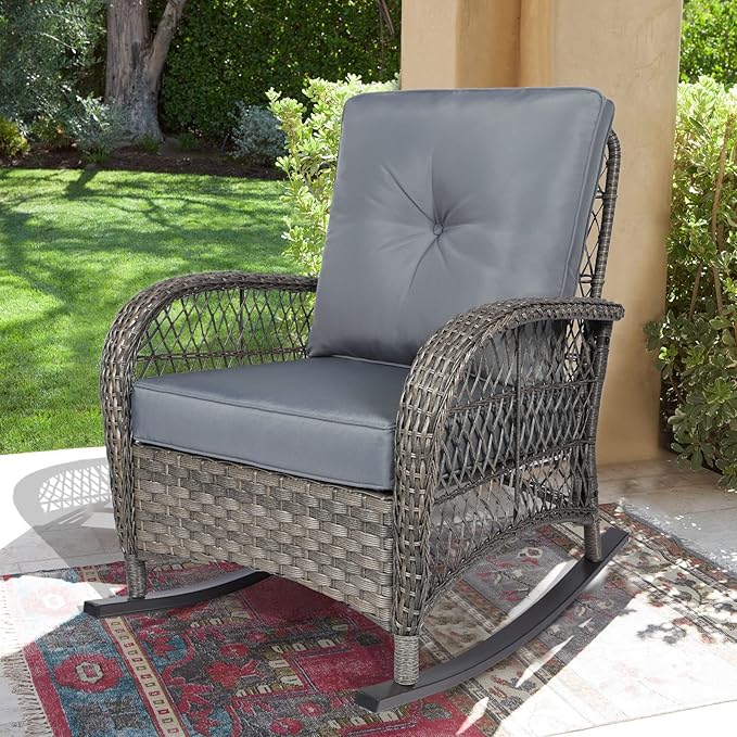 VIVIJASON Outdoor Wicker Rocking Chair, Patio Rattan Rocker Chair with Cushions & Steel Frame, All-Weather Rocking Lawn Wicker Furniture for Garden Backyard Porch (Grey)